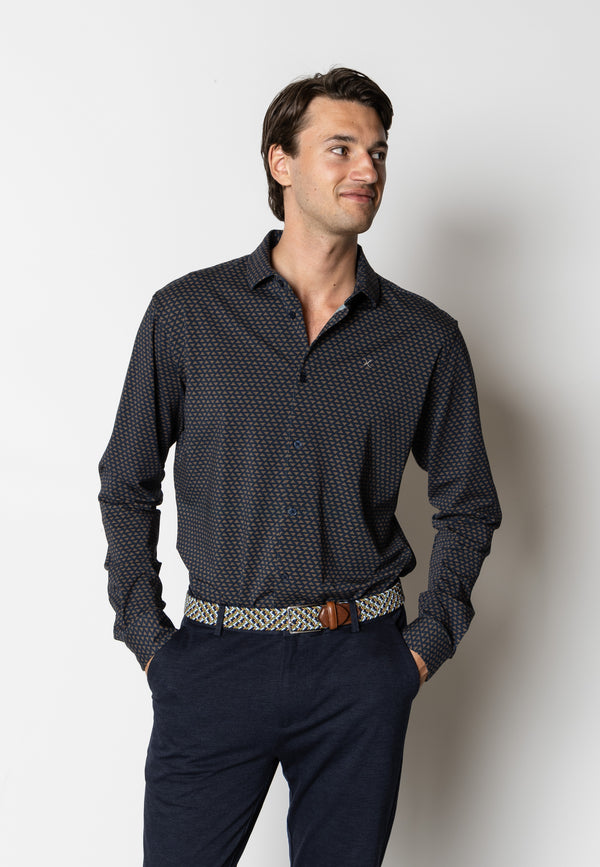 Clean Cut Copenhagen Clean formal printed stretch shirt Shirts L/S Navy/Brown