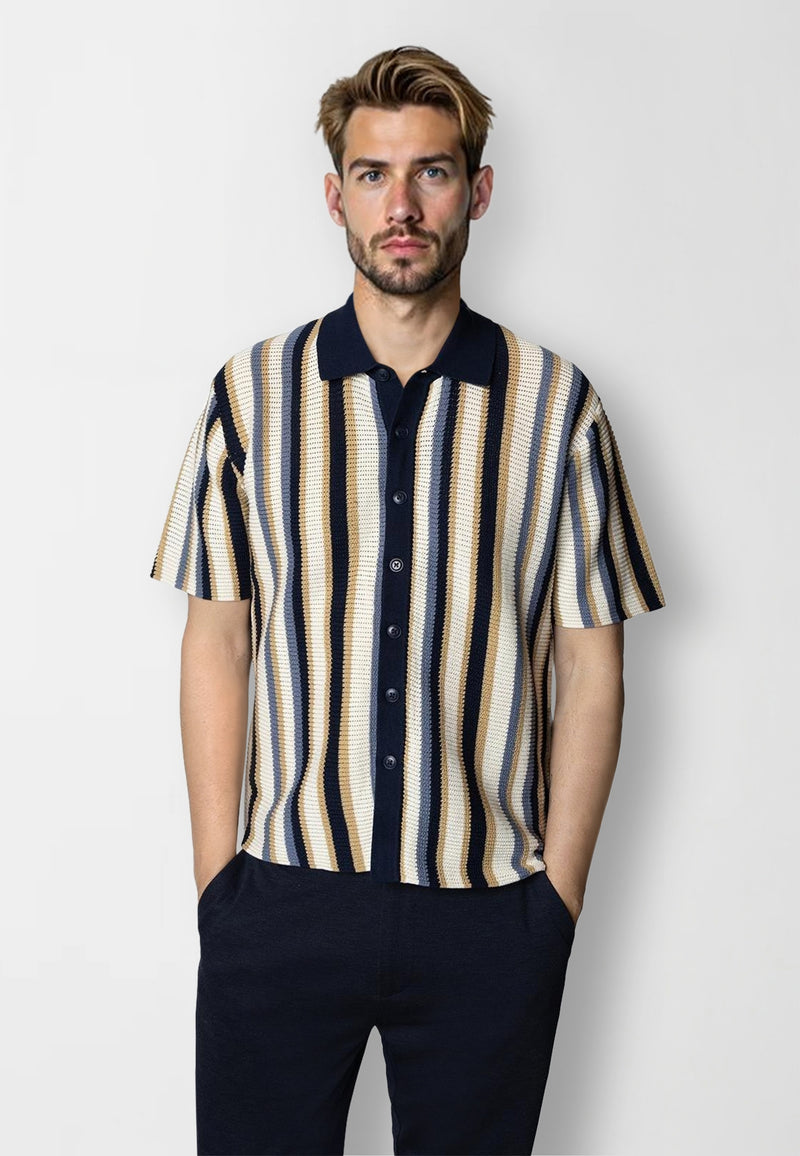 Clean Cut Copenhagen Daniel knitted shirt Shirts S/S Ecru/Blue stripe