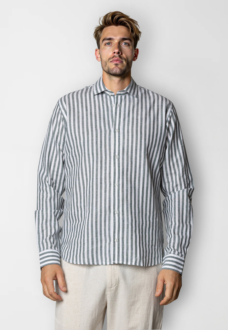 Clean Cut Copenhagen Jamie cotton/linen striped shirt Shirts L/S Dark green/Ecru