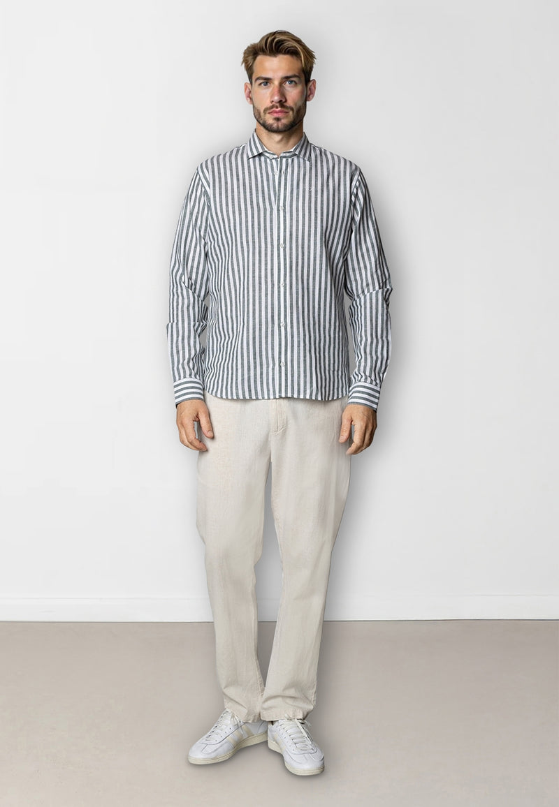 Clean Cut Copenhagen Jamie cotton/linen striped shirt Shirts L/S Dark green/Ecru
