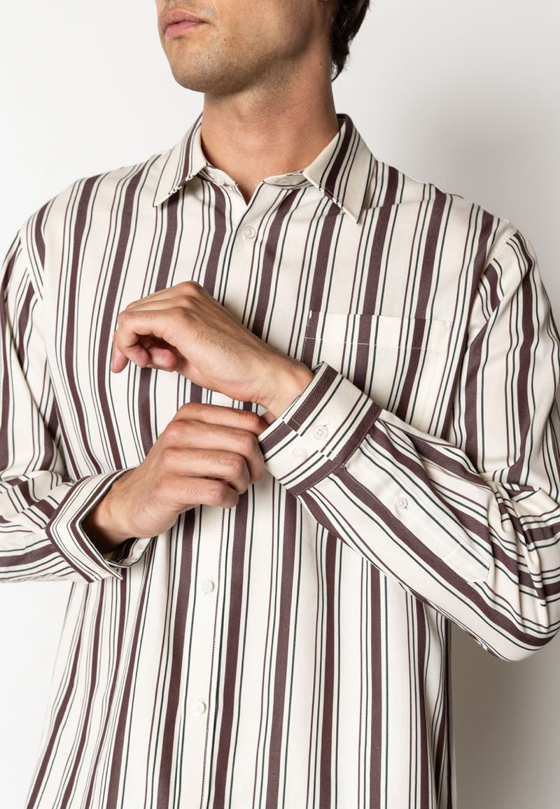 Clean Cut Copenhagen Willum lyocell shirt Shirts L/S Ecru/Dark Plum Stripe