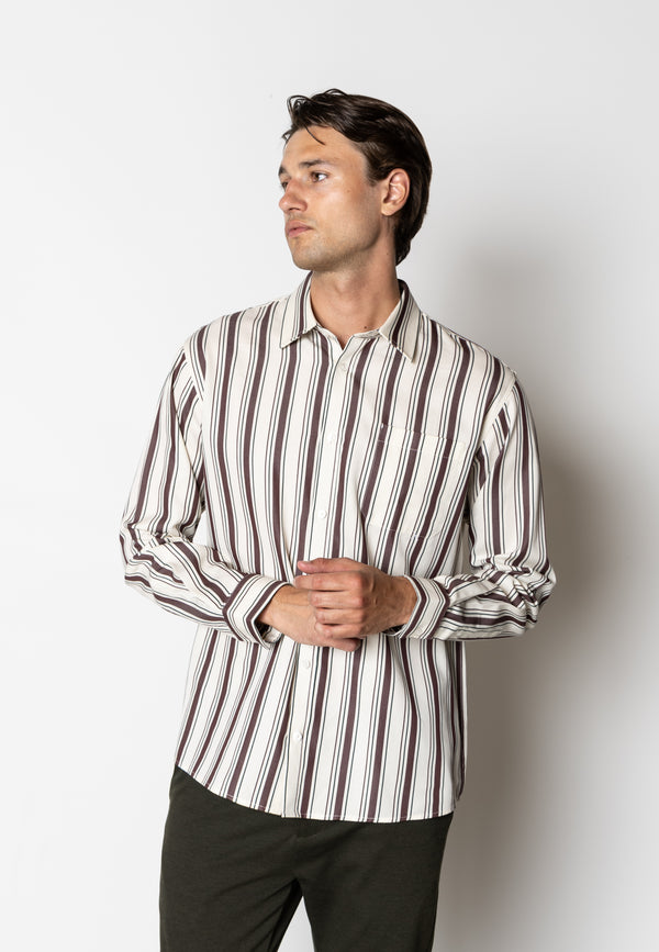 Clean Cut Copenhagen Willum lyocell shirt Shirts L/S Ecru/Dark Plum Stripe